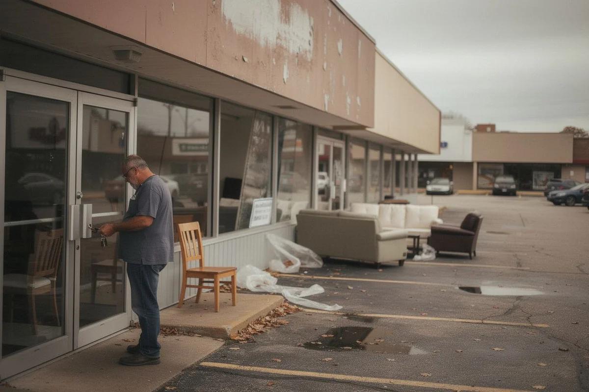 美家具業寒冬：Circle Furniture銷售暴跌20%、連鎖店關店潮未歇 — AI 生成編輯插畫