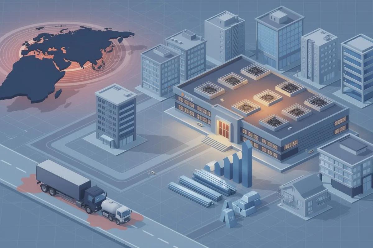 伊朗衝突推升美國建築成本 31%數據中心建設成唯一亮點 — AI 生成編輯插畫