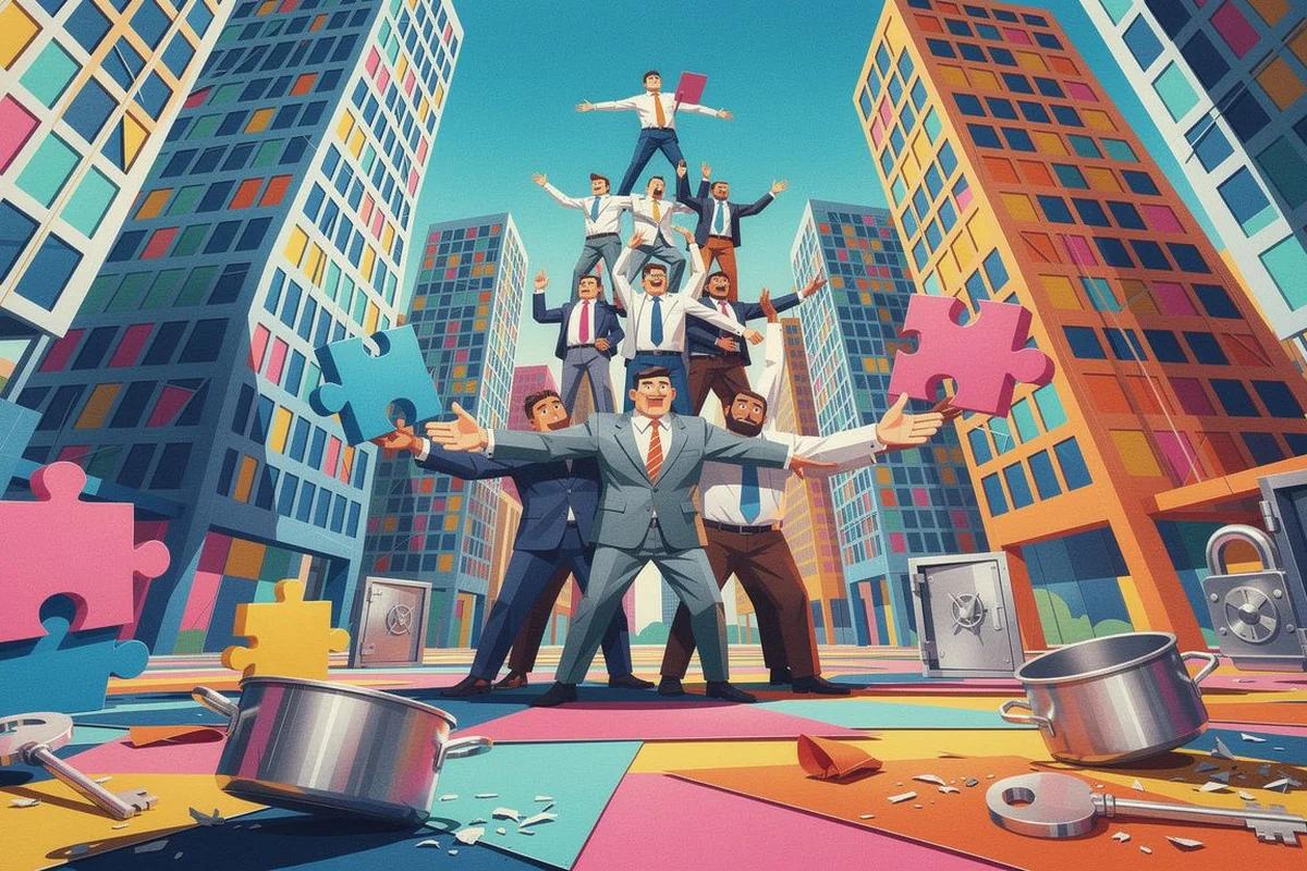 企業拋棄密室競賽 50英尺人塔訓練顛覆職場階級 — AI 生成編輯插畫