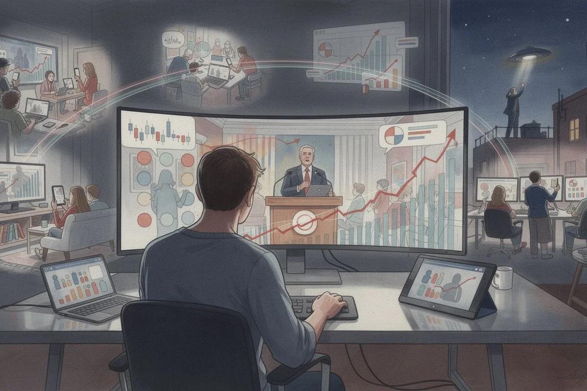 「監測局勢」成全民運動:500萬次提及背後的預測經濟學 — AI 生成編輯插畫