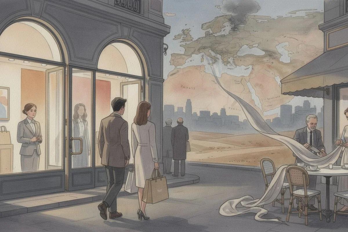 LVMH首季營收創6年新低 中東戰火拖累奢華產業復甦 — AI 生成編輯插畫