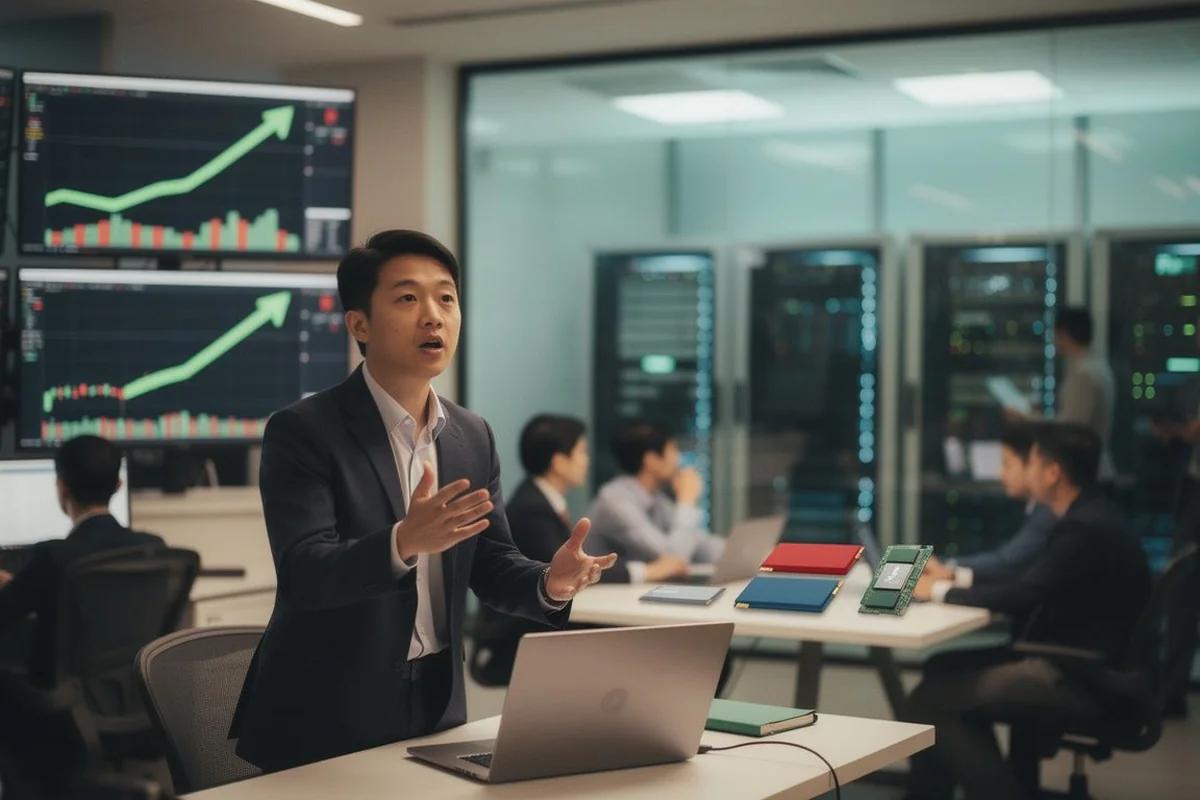 Sandisk股價暴增2439% 入選納指100竟成AI數據中心記憶體需求指標 — AI 生成編輯插畫