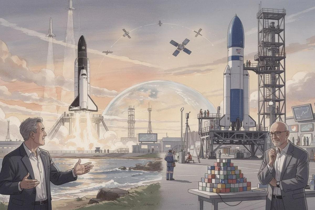 貝佐斯110億美元購星鏈對手 與馬斯克太空競賽白熱化 — AI 生成編輯插畫