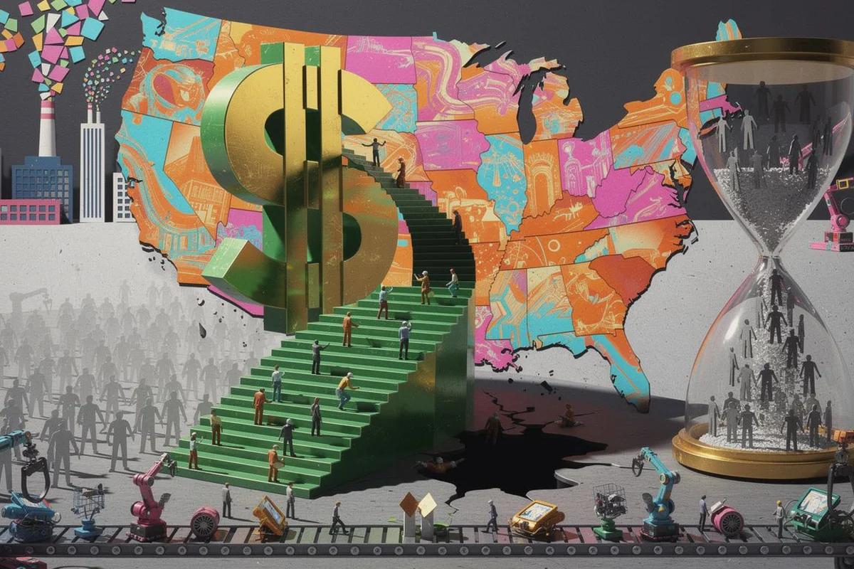 美國經濟2025年GDP成長2.1% 但就業停滯近零 — AI 生成編輯插畫